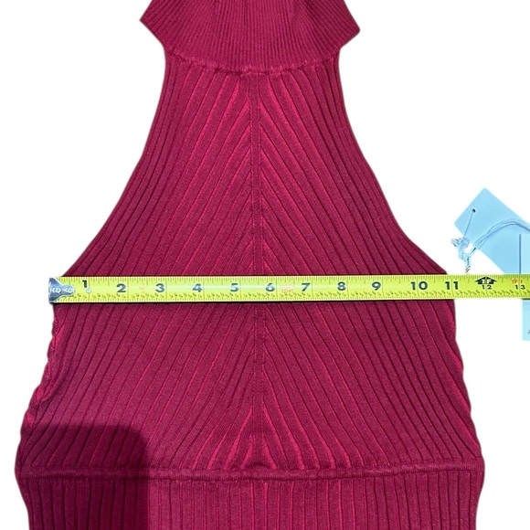 GOOD AMERICAN Sz L/XL 3/4 Dress Angled Rib Mock Halter Midi Burgundy New - Picture 6 of 10